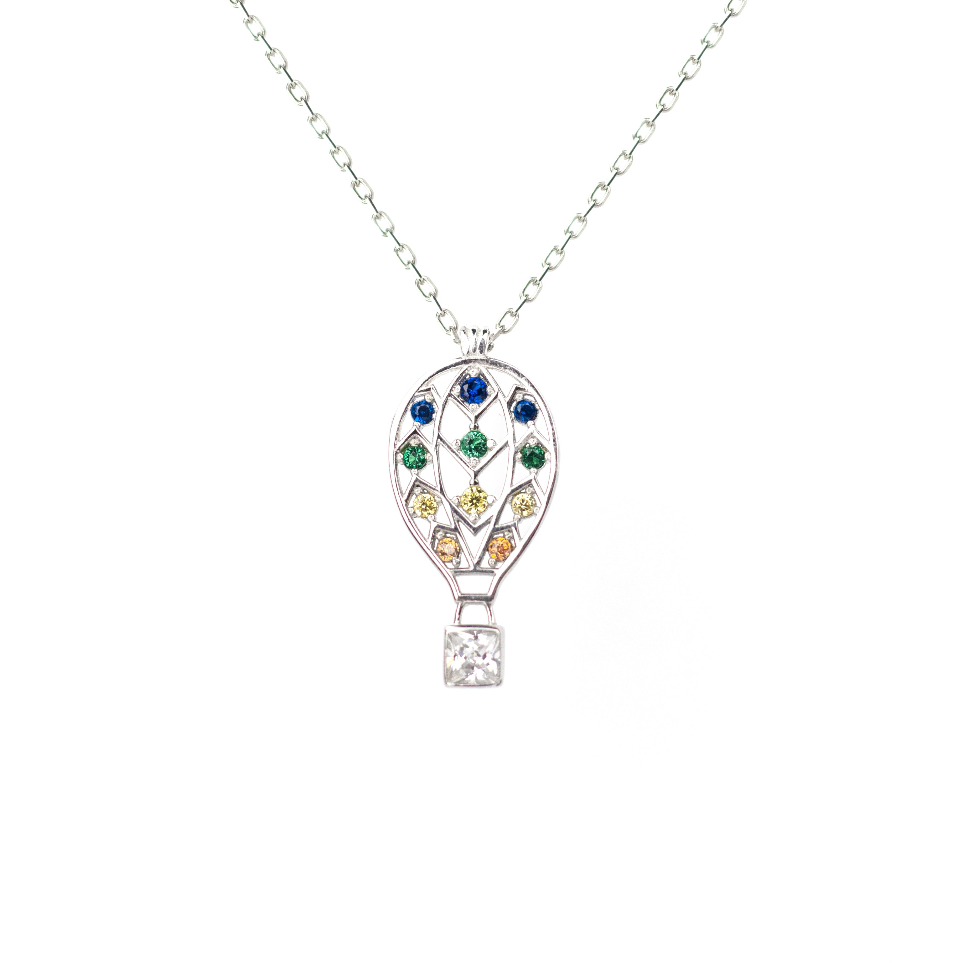 Multi Color CZ Hot Air Balloon Sterling Silver Necklace