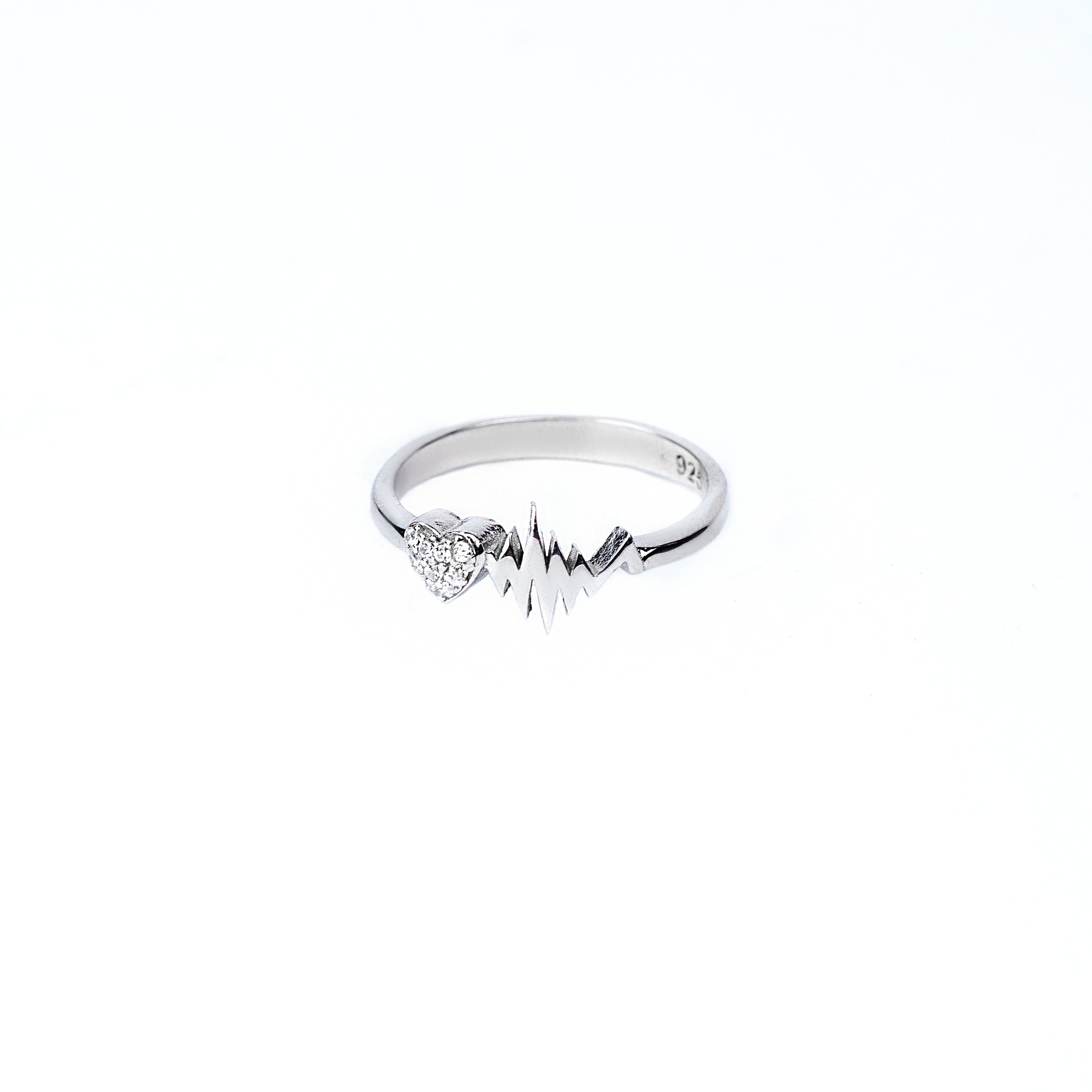 Pave CZ Heart & Heartbeat Sterling Silver Ring