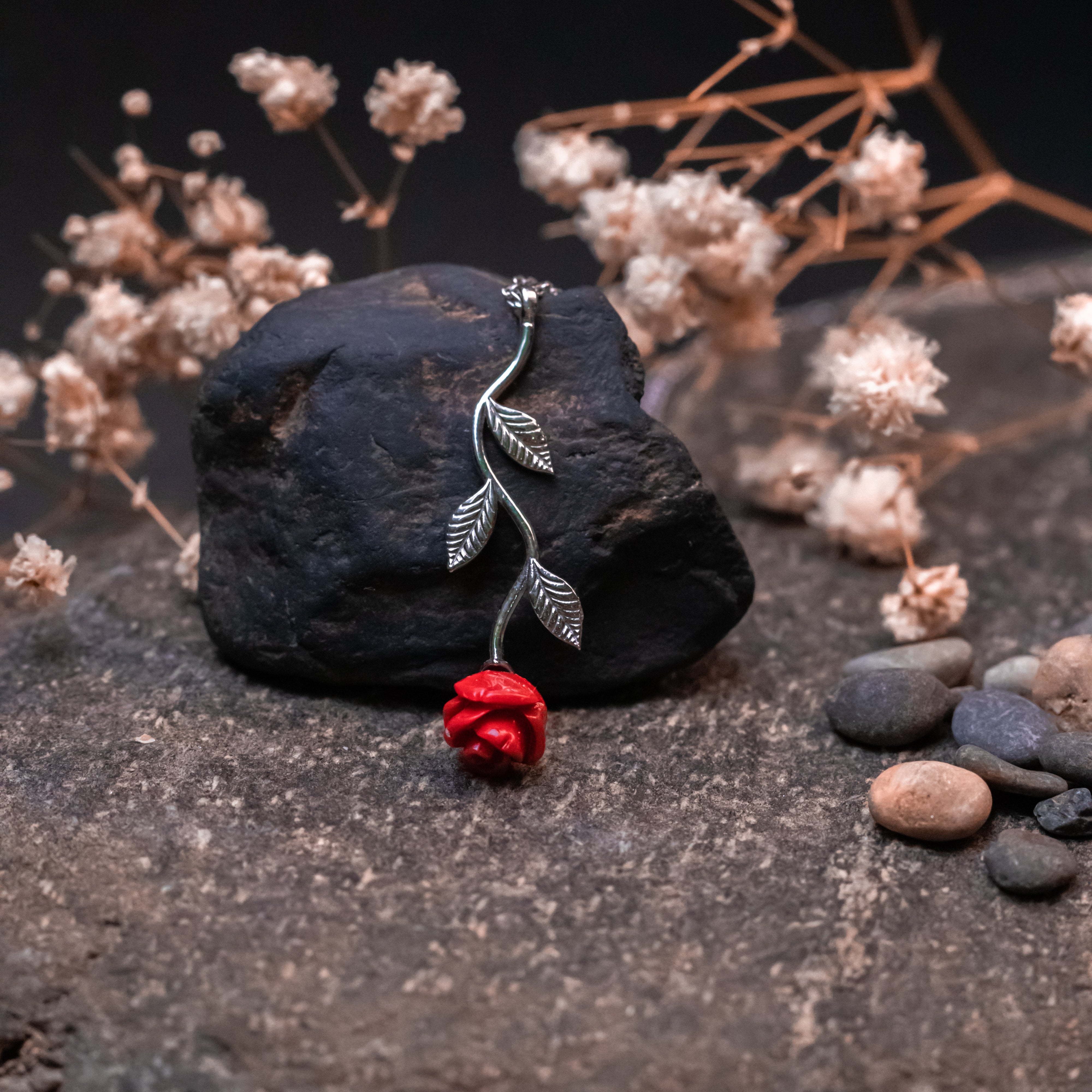 Red Rose Flower Sterling Silver Necklace