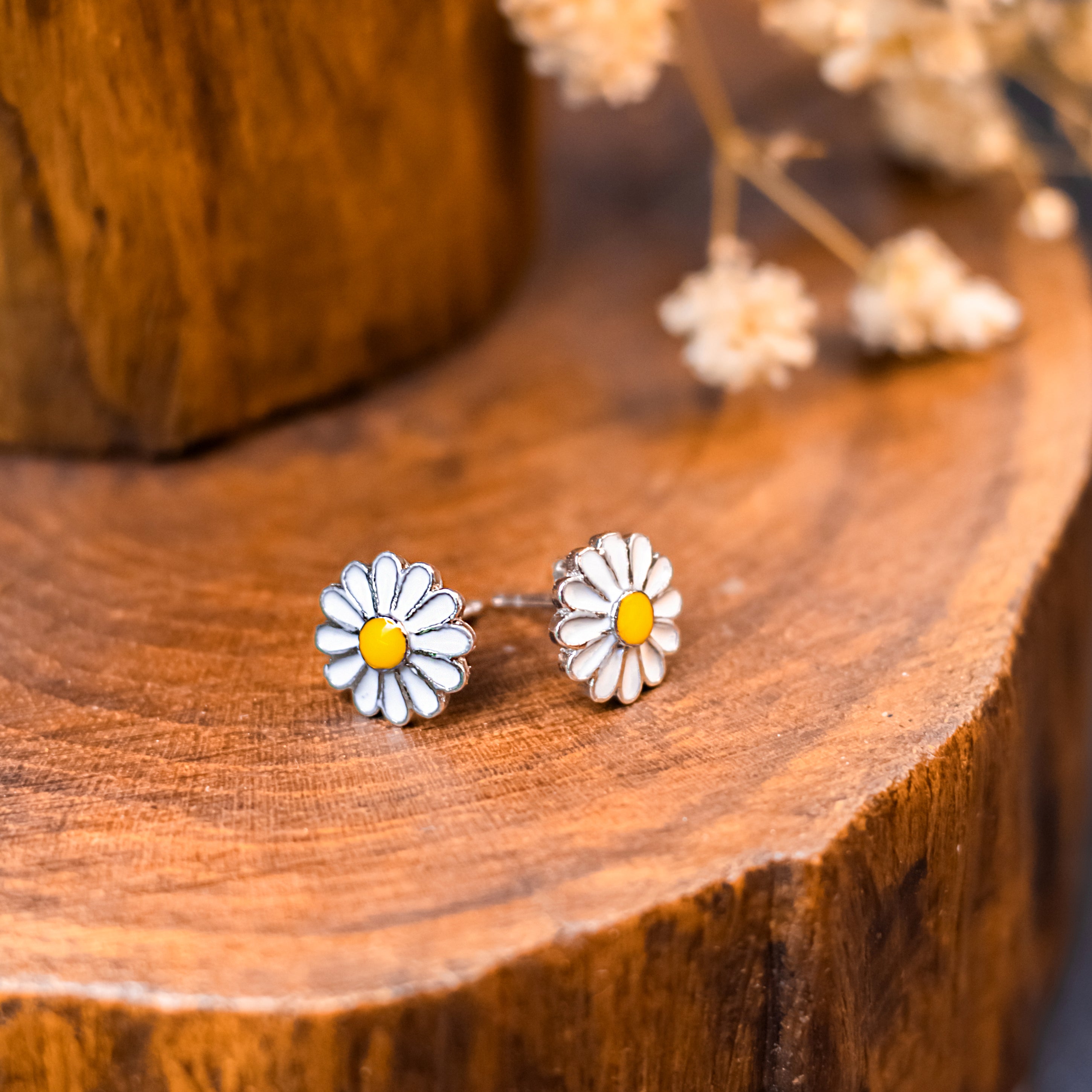 Enamel Daisy Sterling Silver Stud Earrings