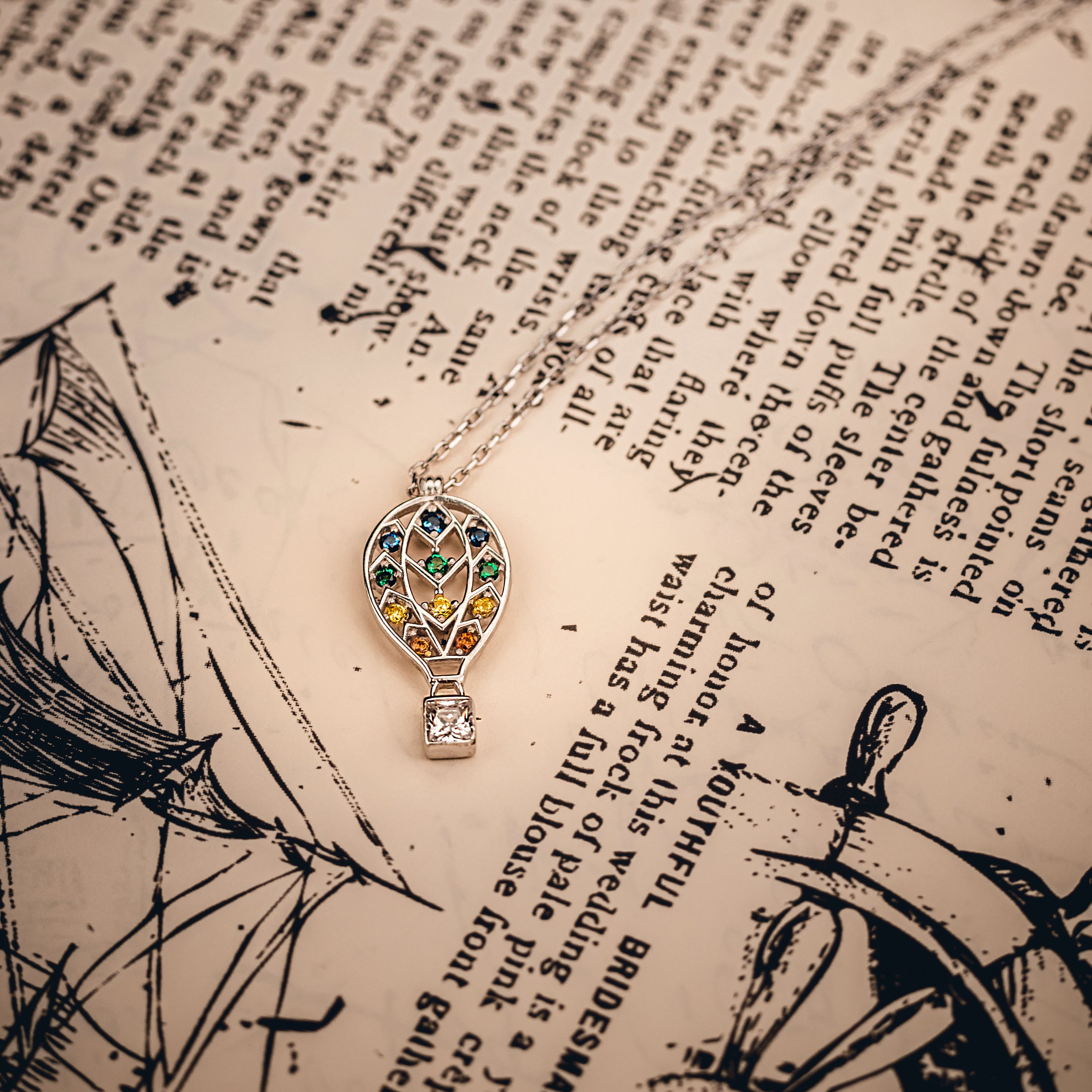 Multi Color CZ Hot Air Balloon Sterling Silver Necklace