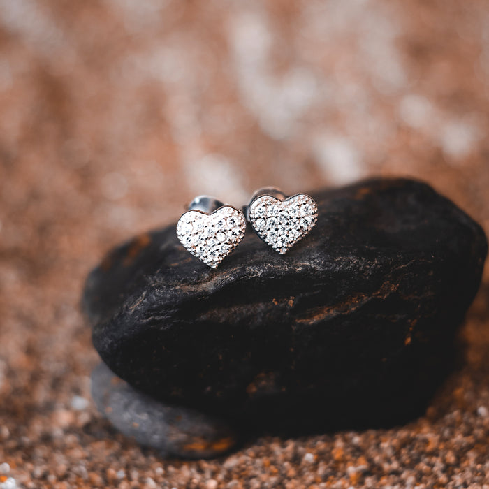 Pave CZ Heart Sterling Silver Stud Earrings