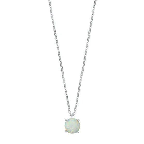 White Lab Opal Round Pendant Necklace in Sterling Silver, Dainty Opal Jewelry for Women