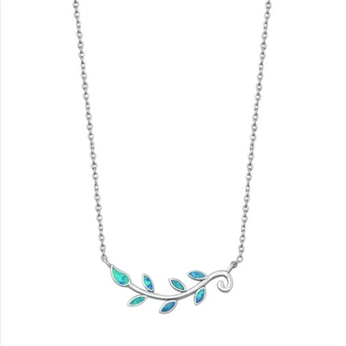 Blue Lab Opal Tree Branch Necklace in Sterling Silver, Leaf Pendant Dainty Opal Jewelry for Women