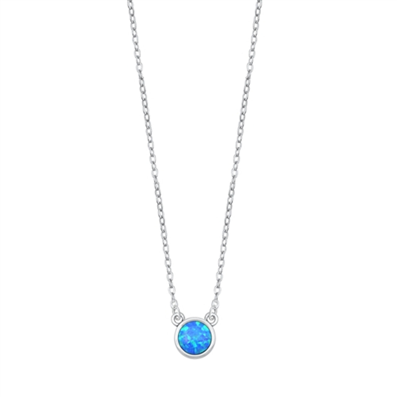 Blue Fire Opal Pendant Necklace in Sterling Silver, Round Bezel Set Lab Opal Jewelry, Dainty Chain