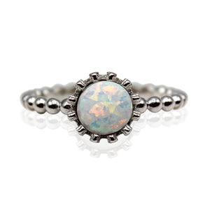 Round Fire Opal/Larimar Crown Beaded Sterling Silver Ring