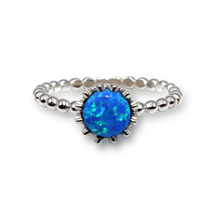 Round Fire Opal/Larimar Crown Beaded Sterling Silver Ring