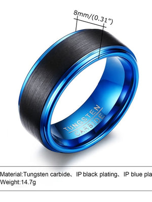 Men's Black & Blue Tungsten Carbide Ring – 8mm Brushed Center with IP Plated Edges – Comfort Fit Band