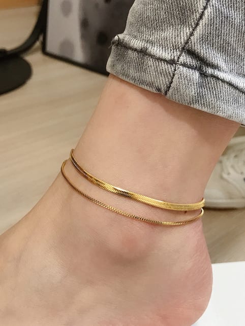 Gold Double-Layer Snake Chain Anklet for Women – Minimalist Titanium Steel Adjustable Foot Bracelet Jewelry