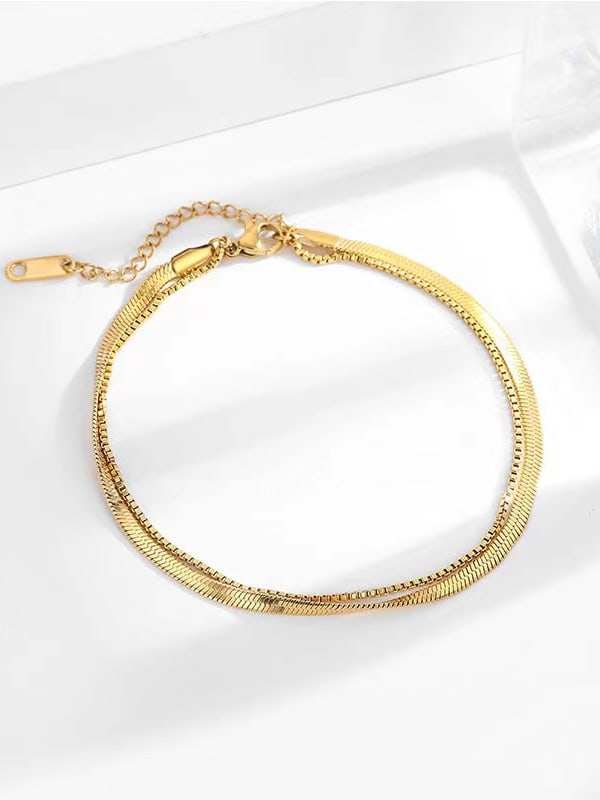 Gold Double-Layer Snake Chain Anklet for Women – Minimalist Titanium Steel Adjustable Foot Bracelet Jewelry