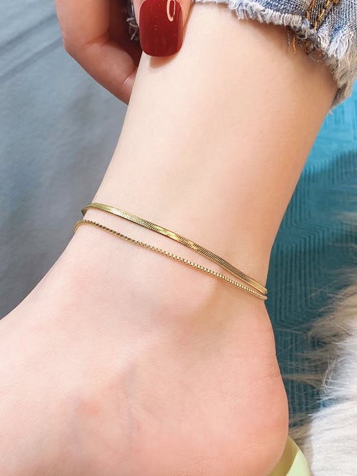 Gold Double-Layer Snake Chain Anklet for Women – Minimalist Titanium Steel Adjustable Foot Bracelet Jewelry