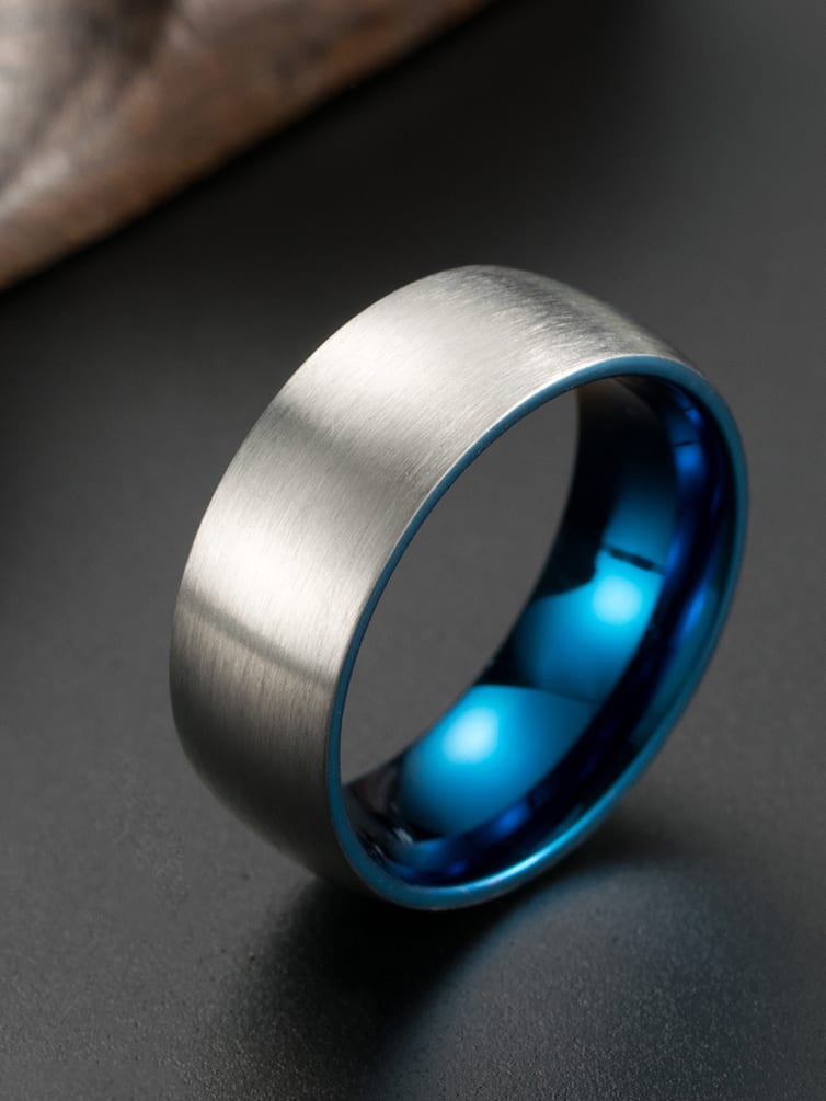 Brushed Matte Titanium Steel Band Ring with Black, Gold, or Blue Interior – Minimalist Men's Wedding Ring