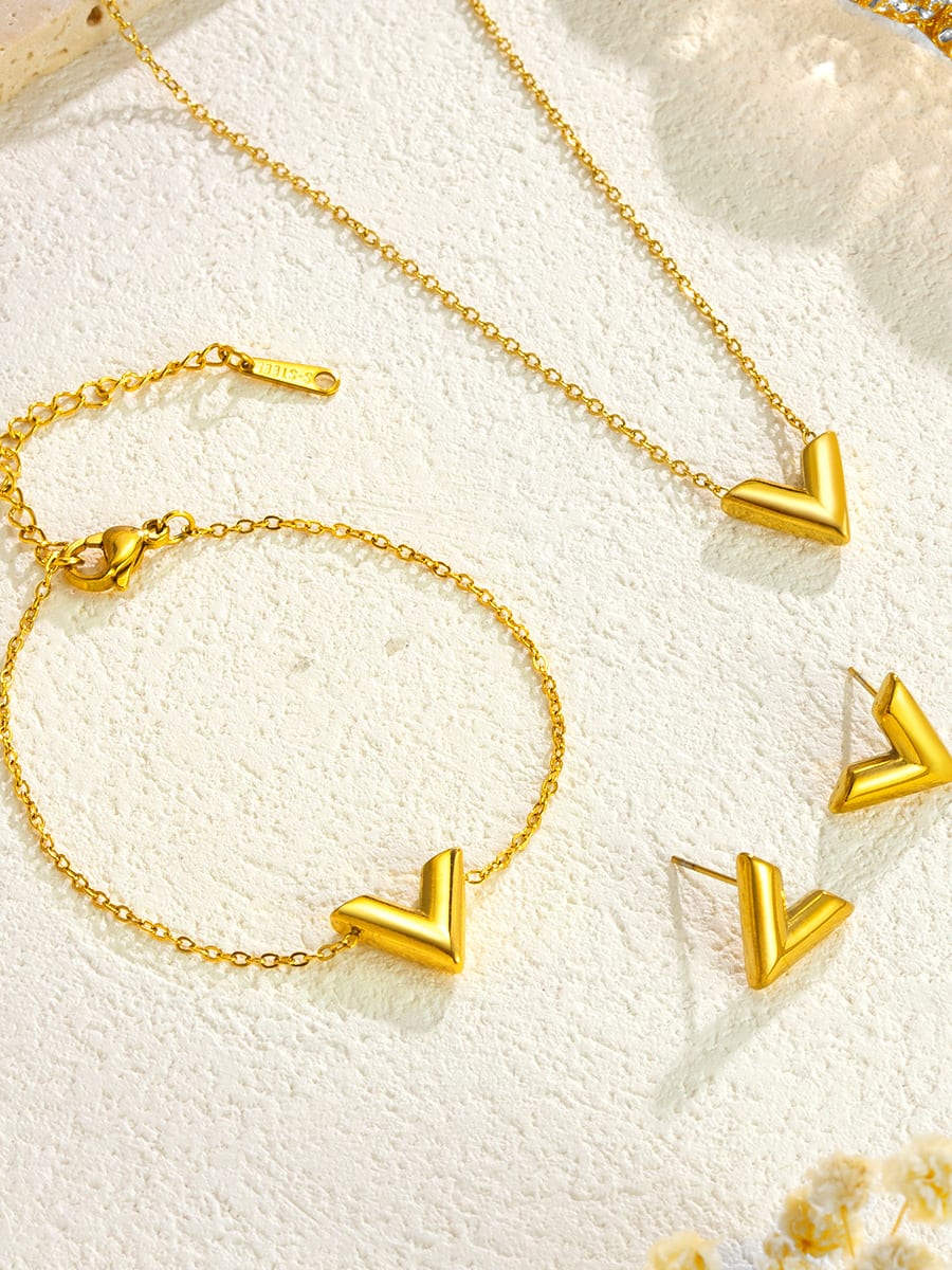 Minimalist 18K Gold Plated Titanium Steel Jewelry Set – V Shape Necklace, Bracelet & Earrings for Women