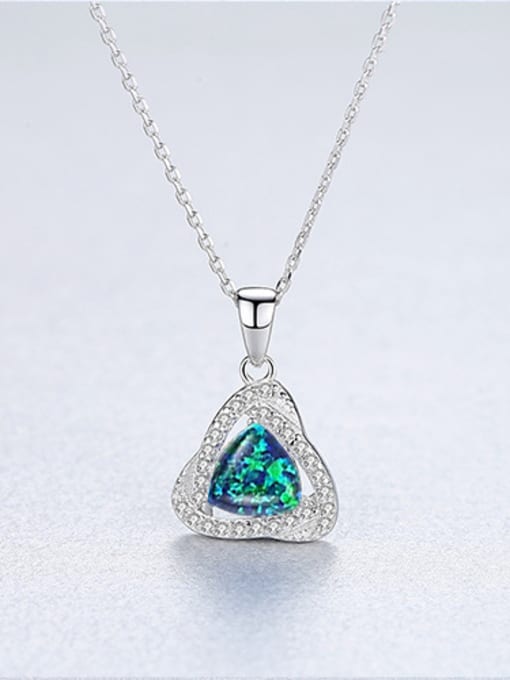 925 Sterling Silver Triangle Opal Halo CZ Pendant Necklace – Blue, Light Blue, White, Dark Green, Light Green