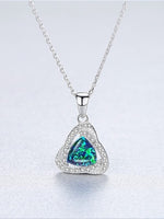 925 Sterling Silver Triangle Opal Halo CZ Pendant Necklace – Blue, Light Blue, White, Dark Green, Light Green