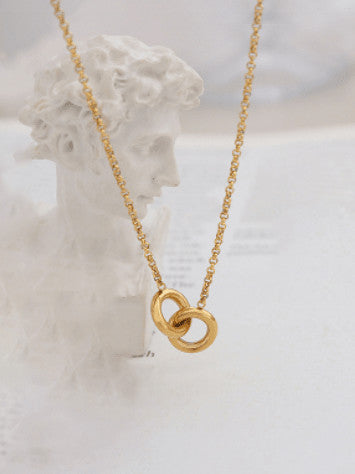Gold Stainless Steel Interlocking Circles Necklace – Minimalist Double Ring Pendant Jewelry for Women