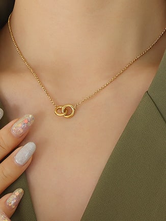 Gold Stainless Steel Interlocking Circles Necklace – Minimalist Double Ring Pendant Jewelry for Women