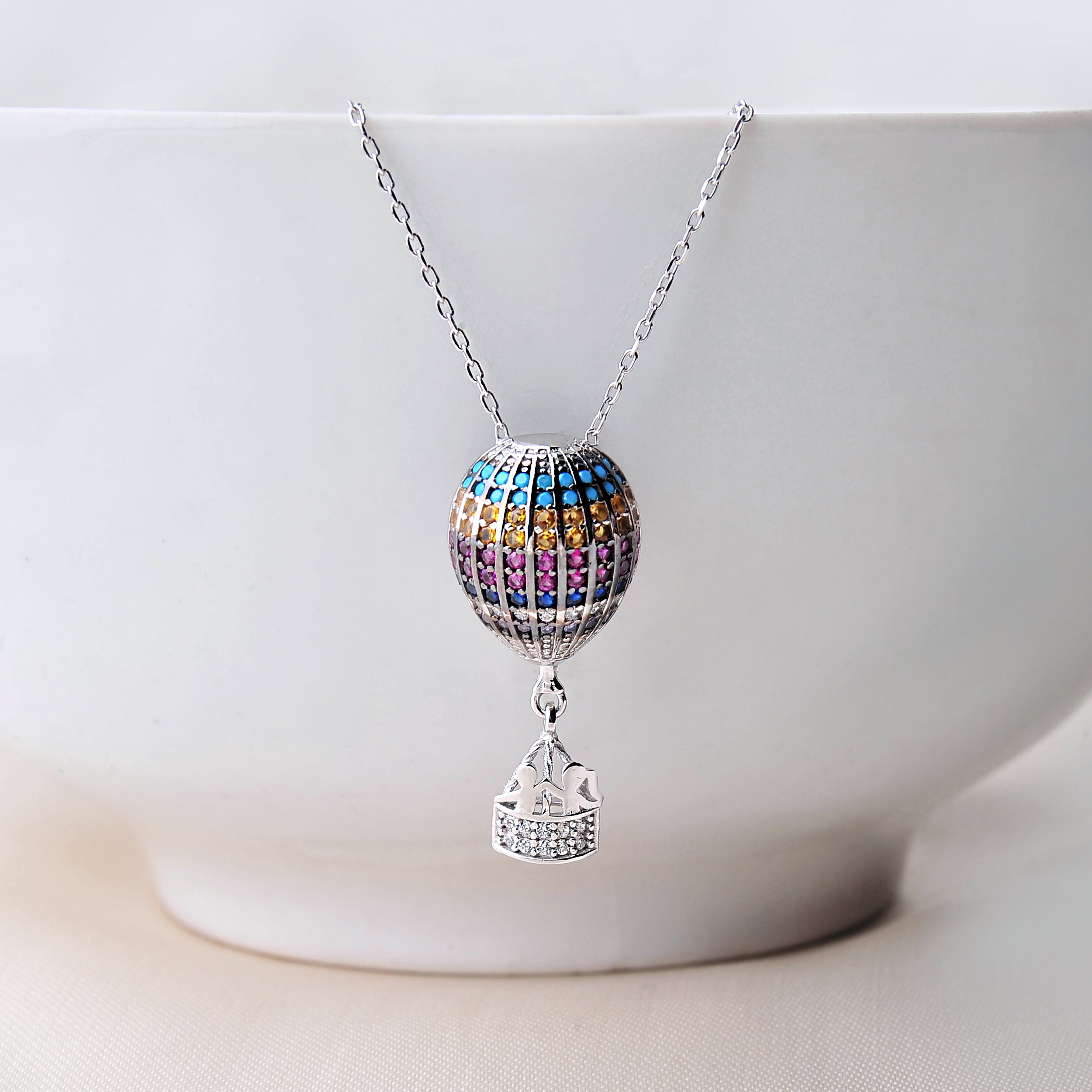 Multi Color CZ Hot Air Balloon With Passengers Sterling Silver Necklace