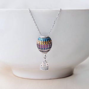 Multi Color CZ Hot Air Balloon With Passengers Sterling Silver Necklace