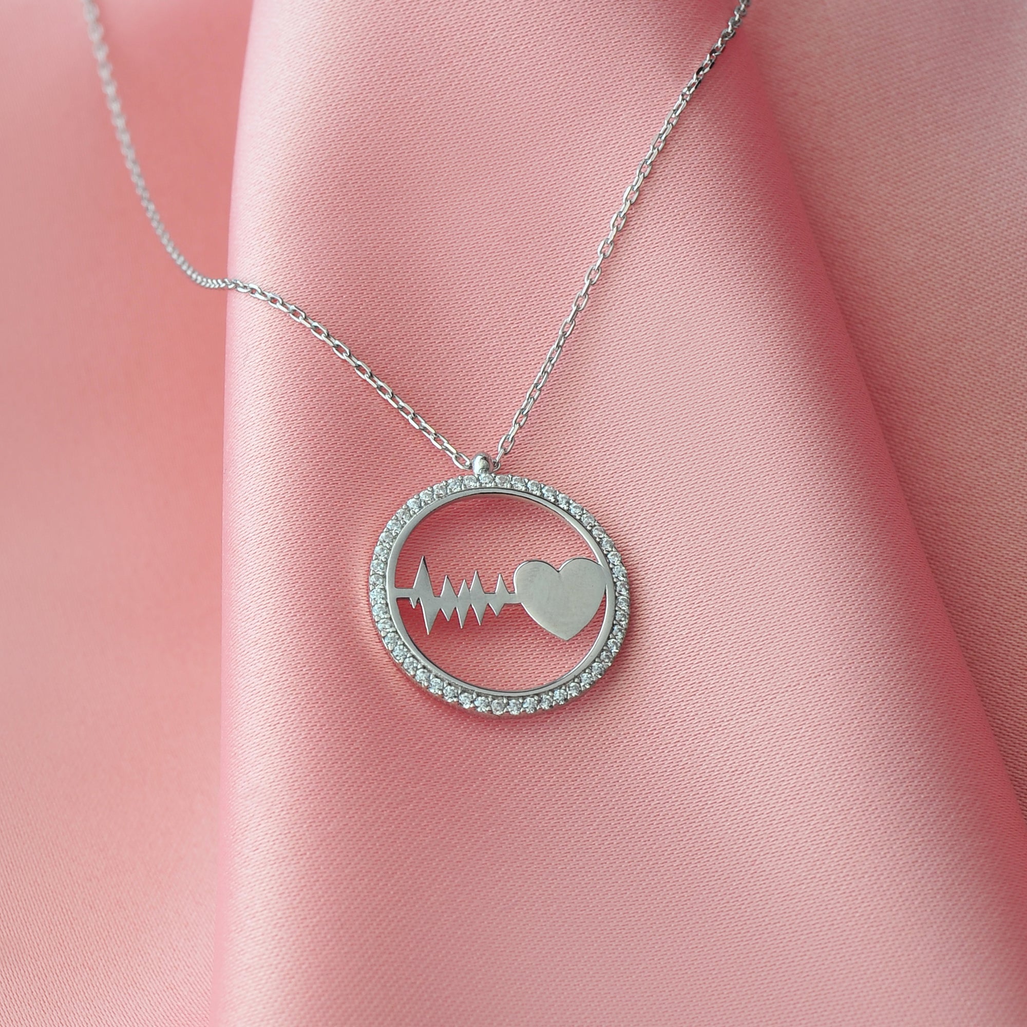 CZ Heartbeat & Heart Sterling Silver Necklace