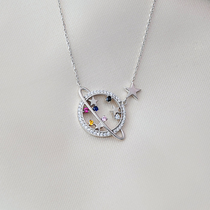 Saturn And Star Multi Color CZ Sterling Silver Necklace