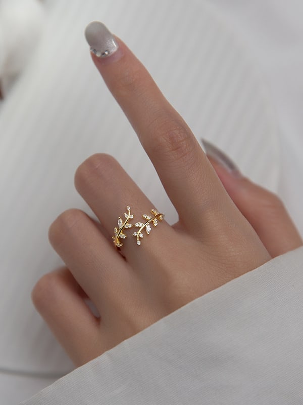 Adjustable Leaf Ring for Women – 925 Sterling Silver with Cubic Zirconia, Rose Gold, Gold & Silver, Nature-Inspired Jewelry
