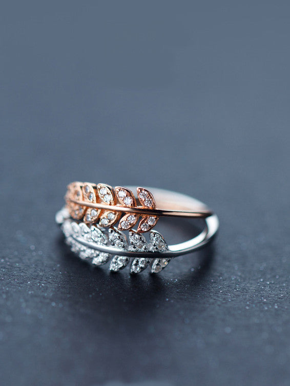 Adjustable Sterling Silver CZ Leaf Ring – Open Wrap Nature-Inspired Design in Silver, Gold & Rose Gold Finishes