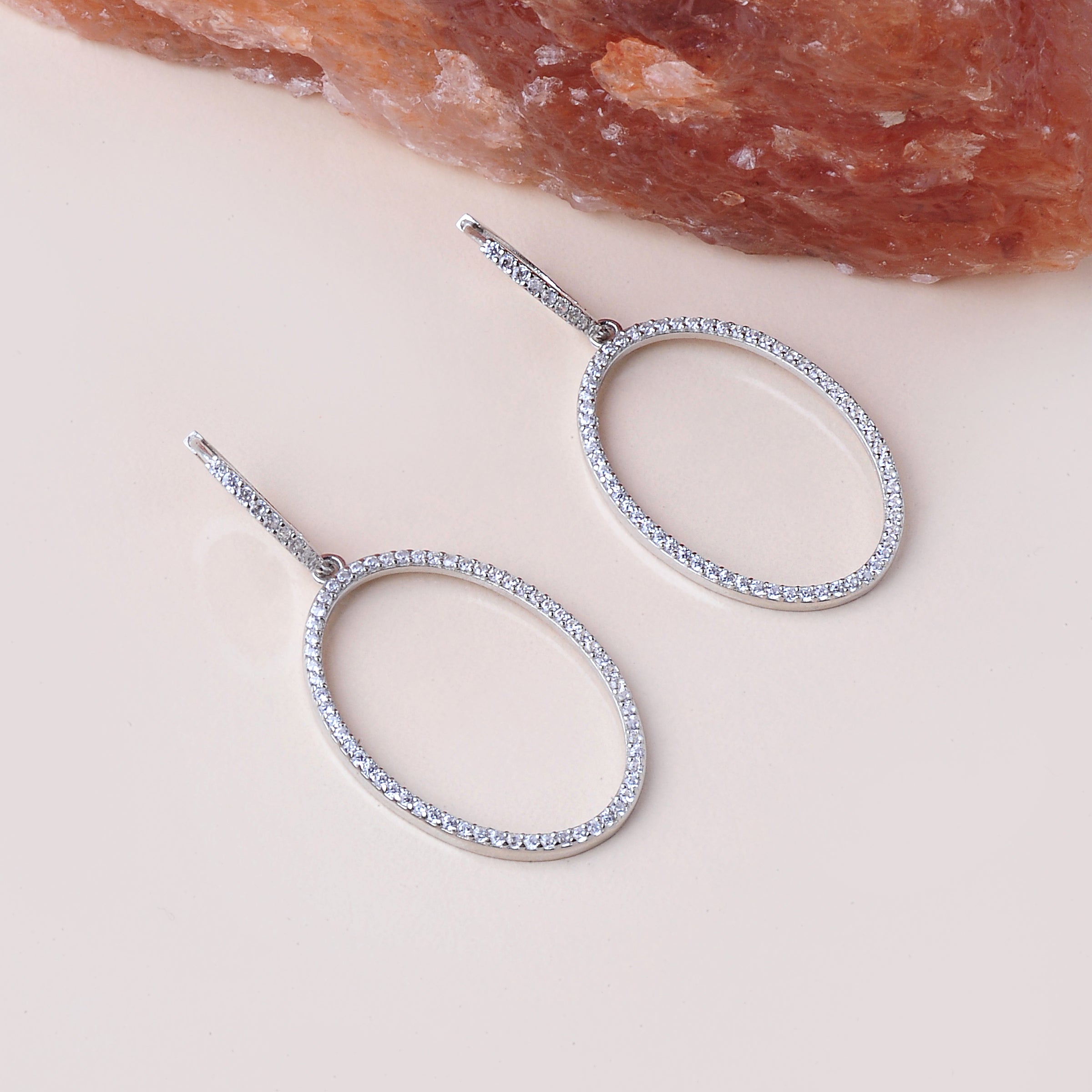 Pave CZ Oval Sterling Silver Dangle Hoop Earrings