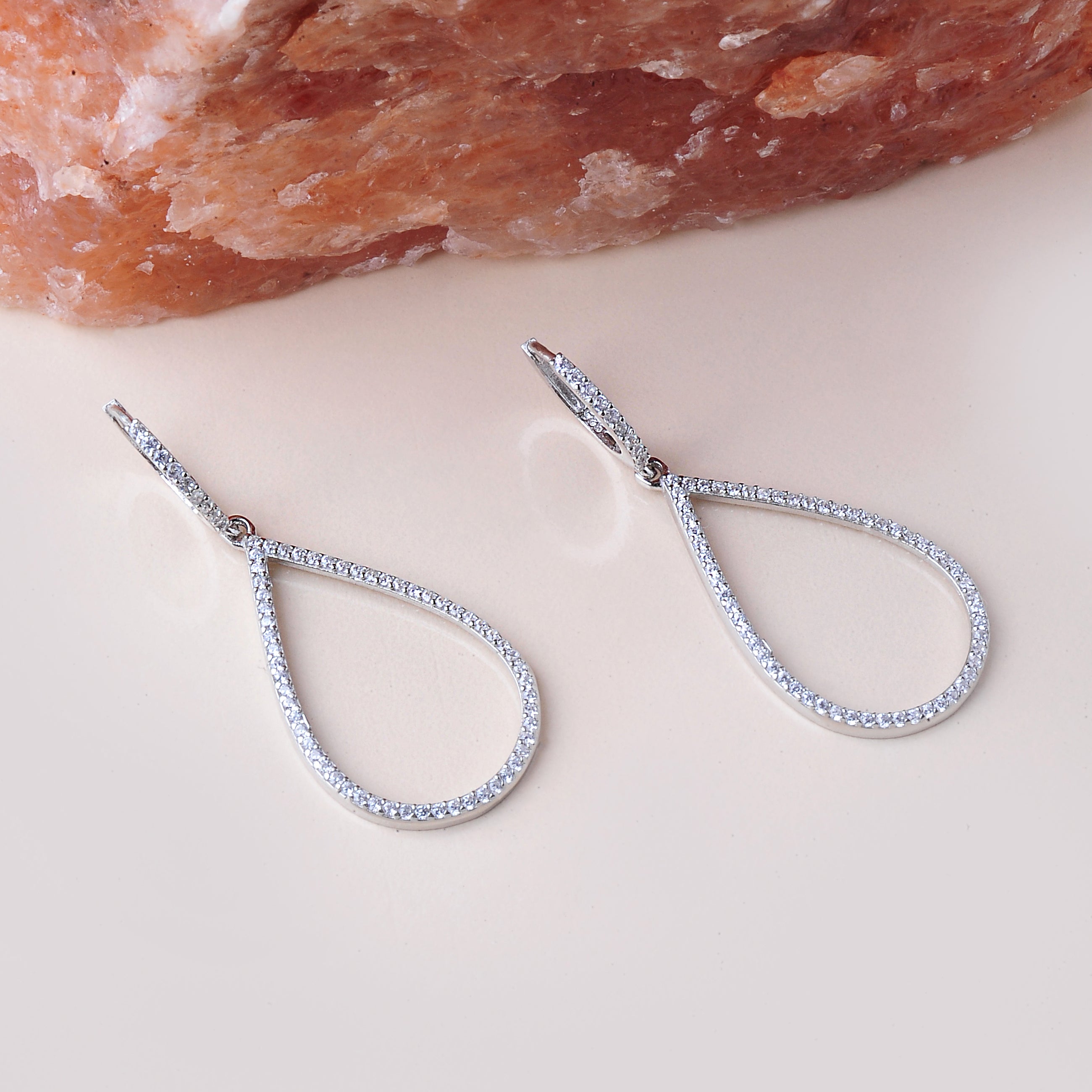 Pave CZ Teardrop Sterling Silver Dangle Hoop Earrings