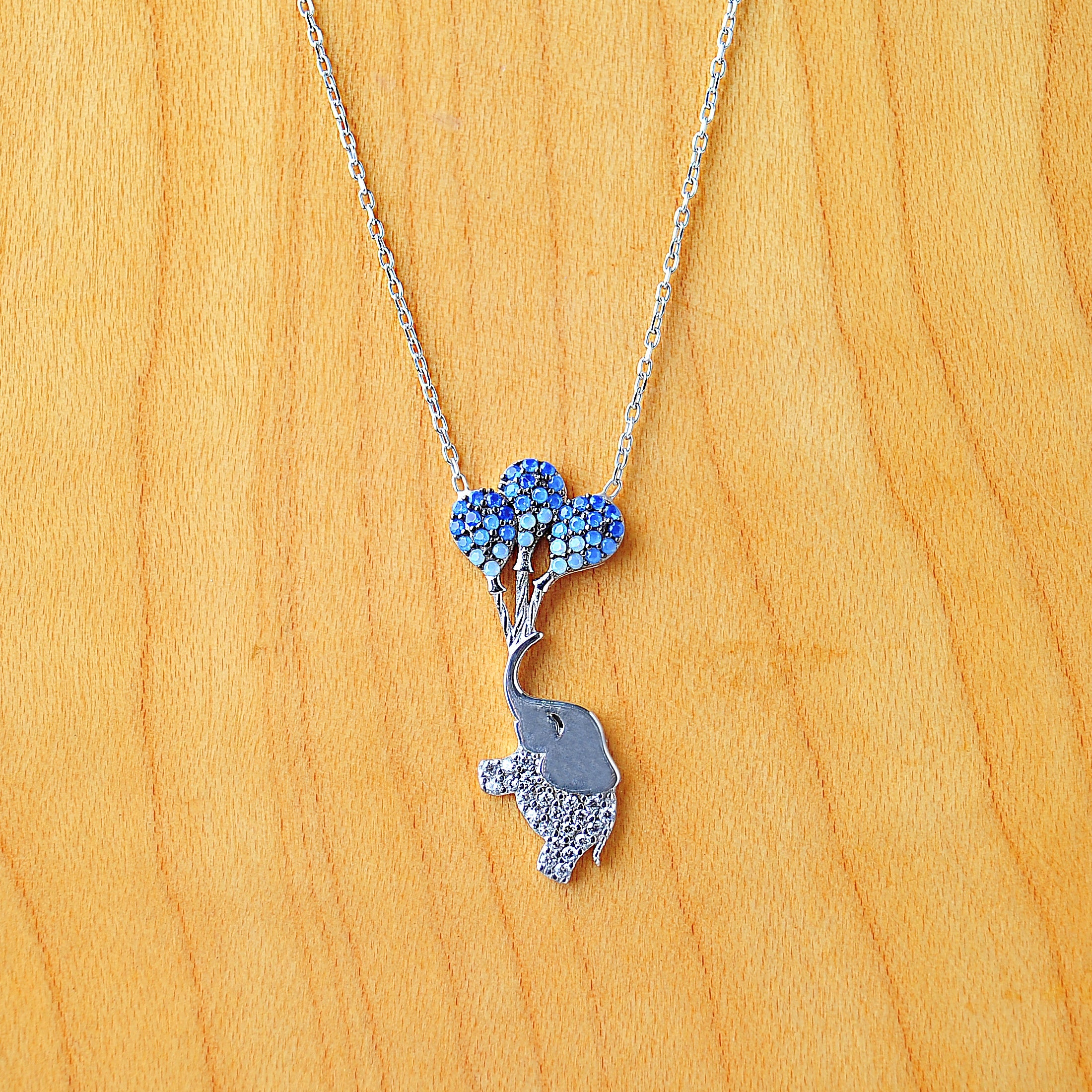 Blue/Pink CZ Flying Elephant & Balloon Sterling Silver Necklace