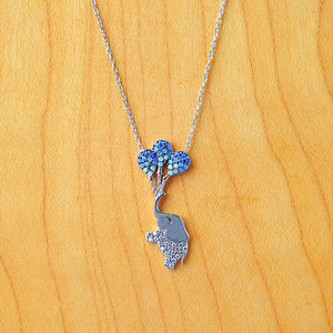 Blue/Pink CZ Flying Elephant & Balloon Sterling Silver Necklace