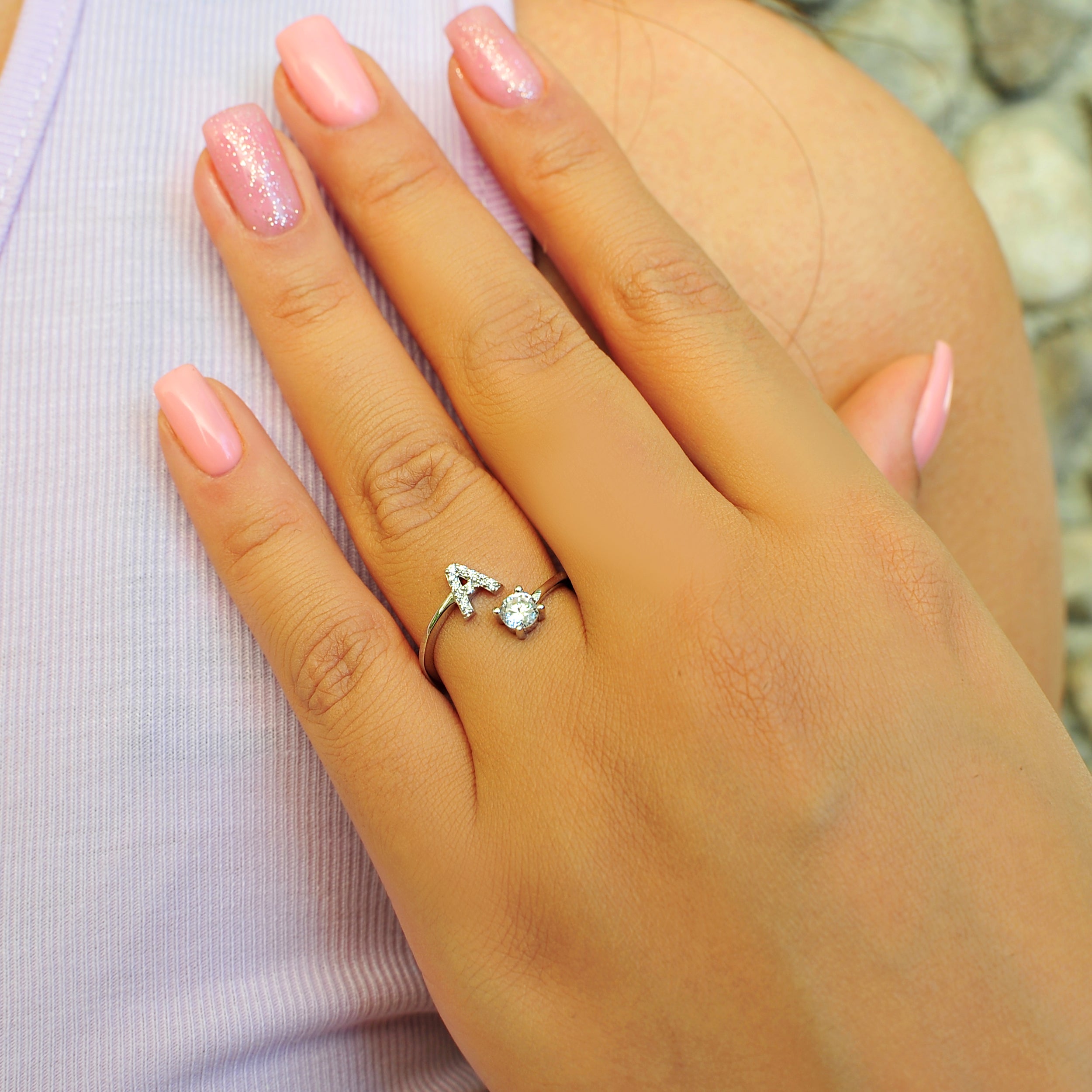 Round Pave CZ Letter "A" Sterling Silver Adjustable Initial Ring