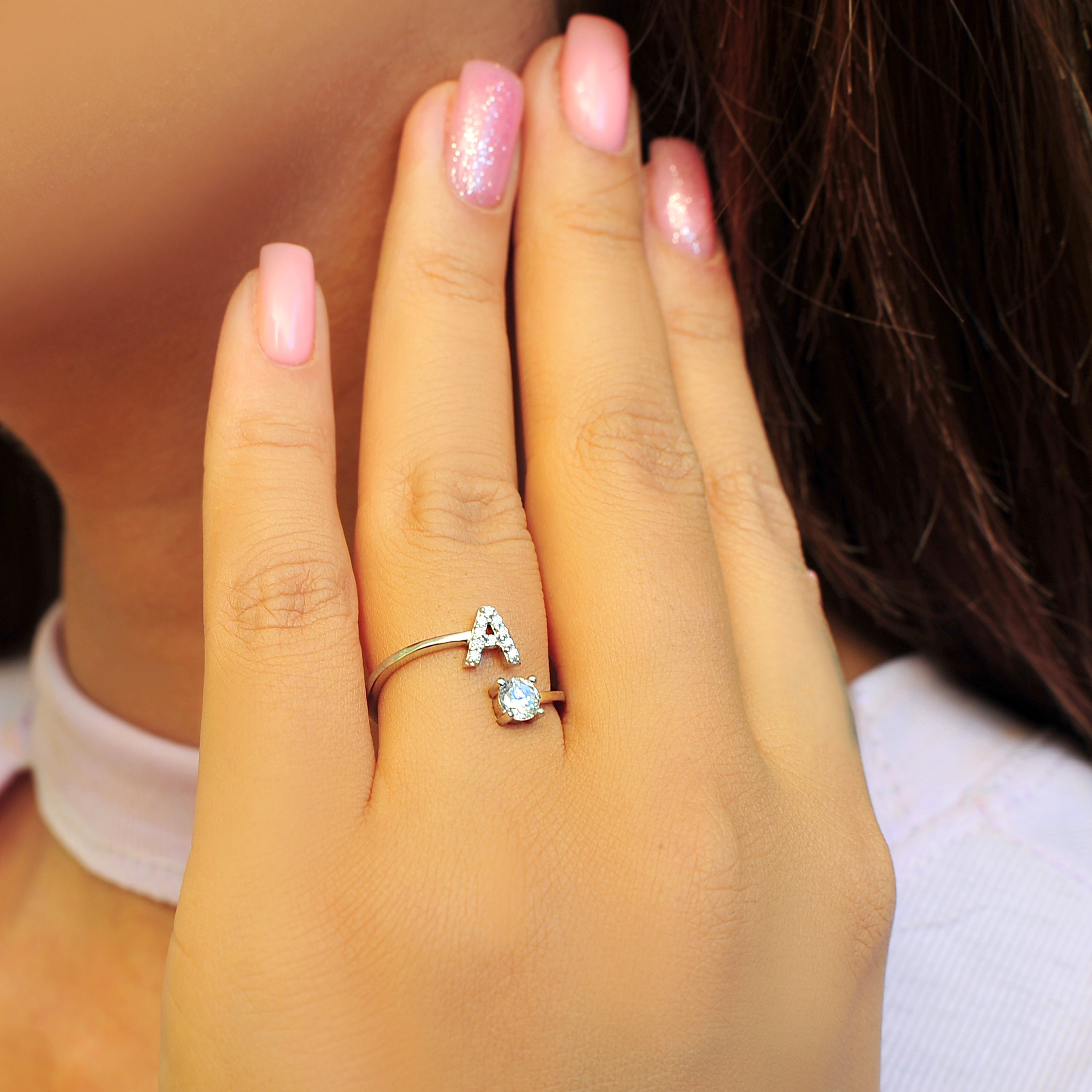 Round Pave CZ Letter "A" Sterling Silver Adjustable Initial Ring