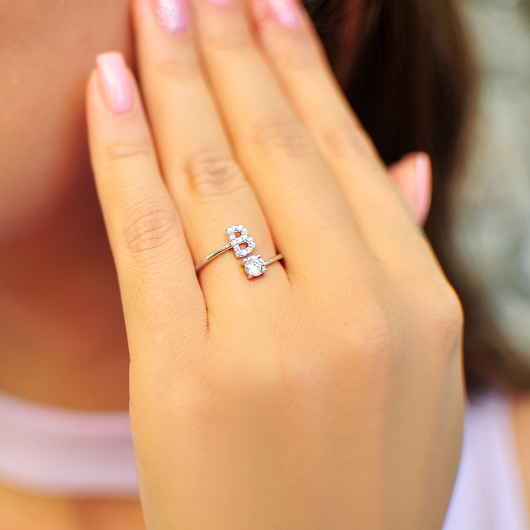 Round Pave CZ Letter "B" Sterling Silver Adjustable Initial Ring