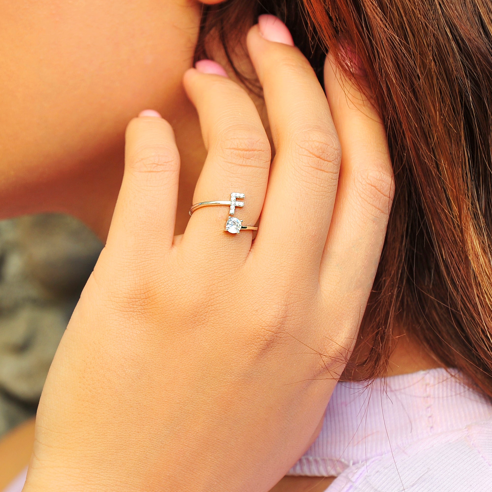 Pave CZ Letter "F" Sterling Silver Adjustable Initial Ring
