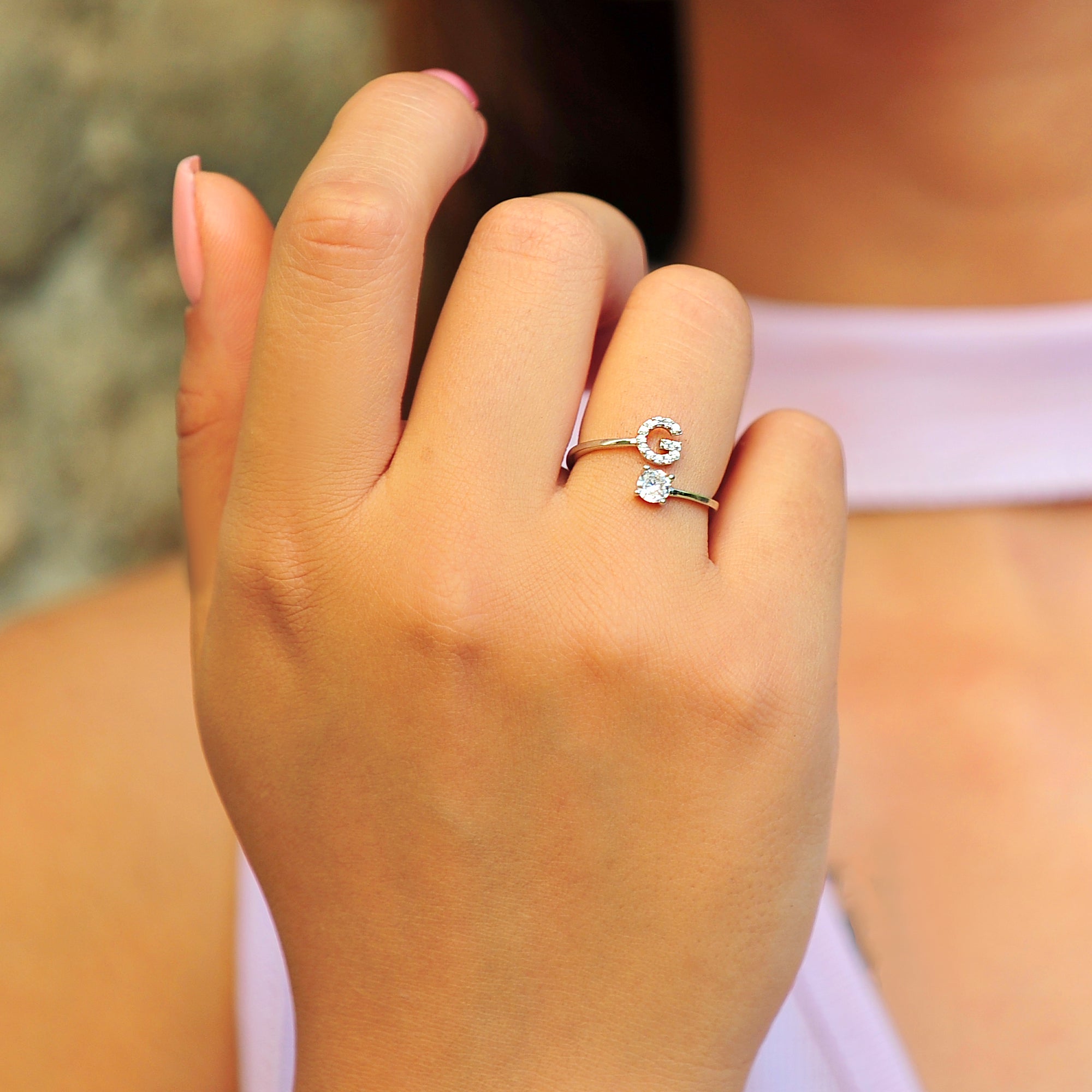 Pave CZ Letter "G" Sterling Silver Adjustable Initial Ring