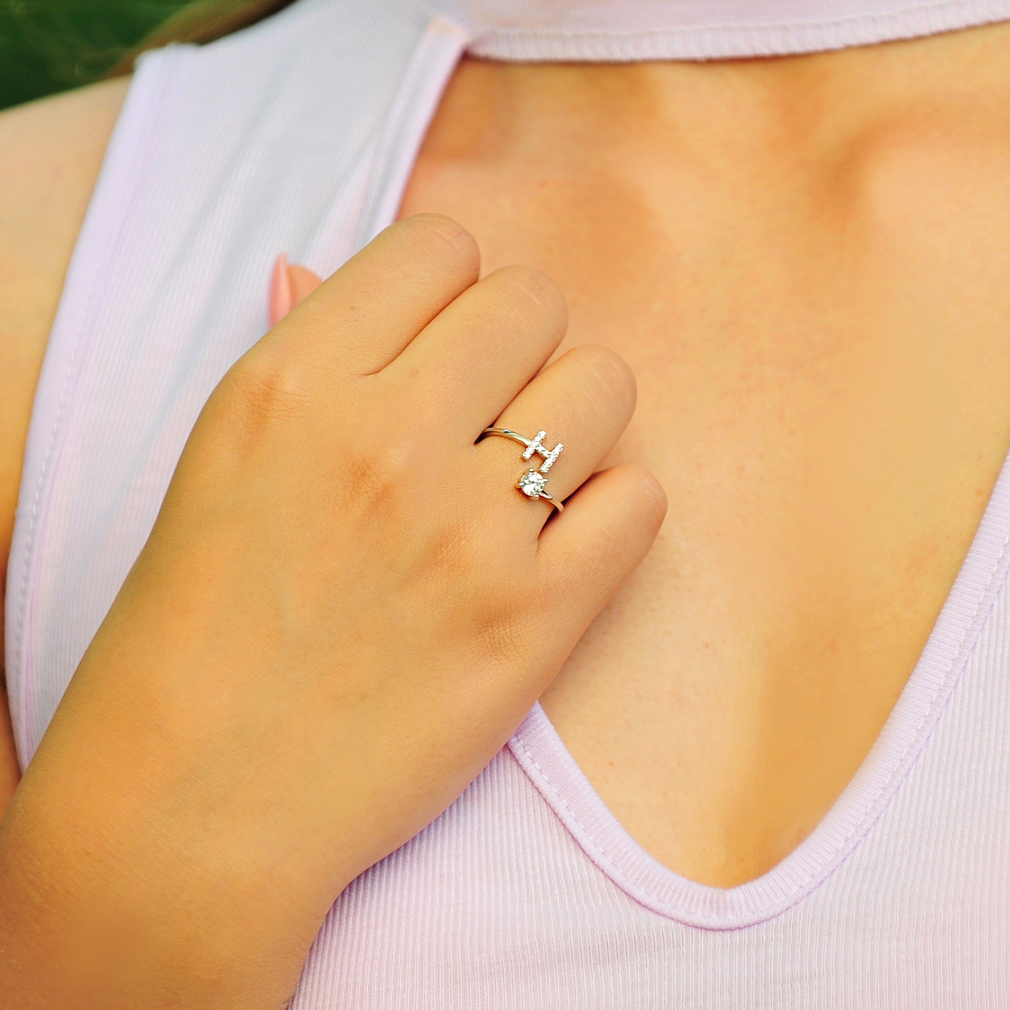 Pave CZ Letter "H" Sterling Silver Adjustable Initial Ring