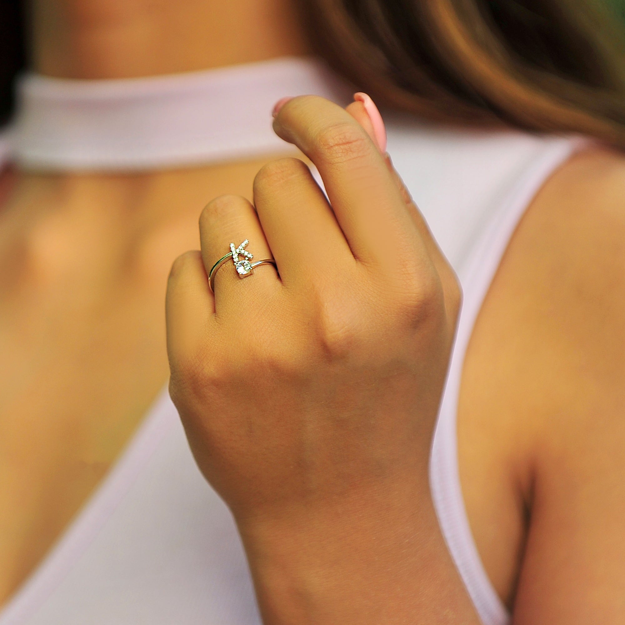 Pave CZ Letter "K" Sterling Silver Adjustable Initial Ring