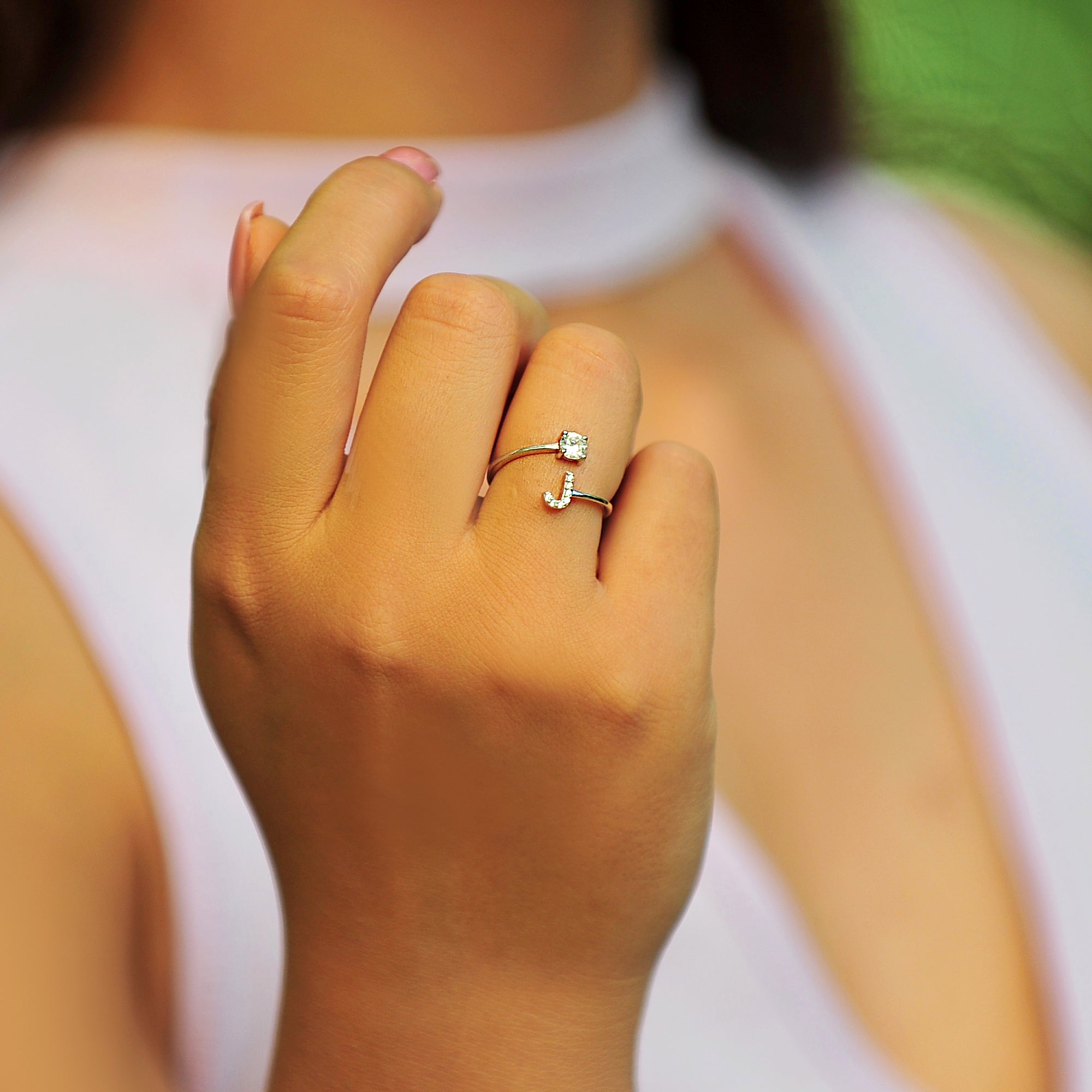 Pave CZ Letter "J" Sterling Silver Adjustable Initial Ring