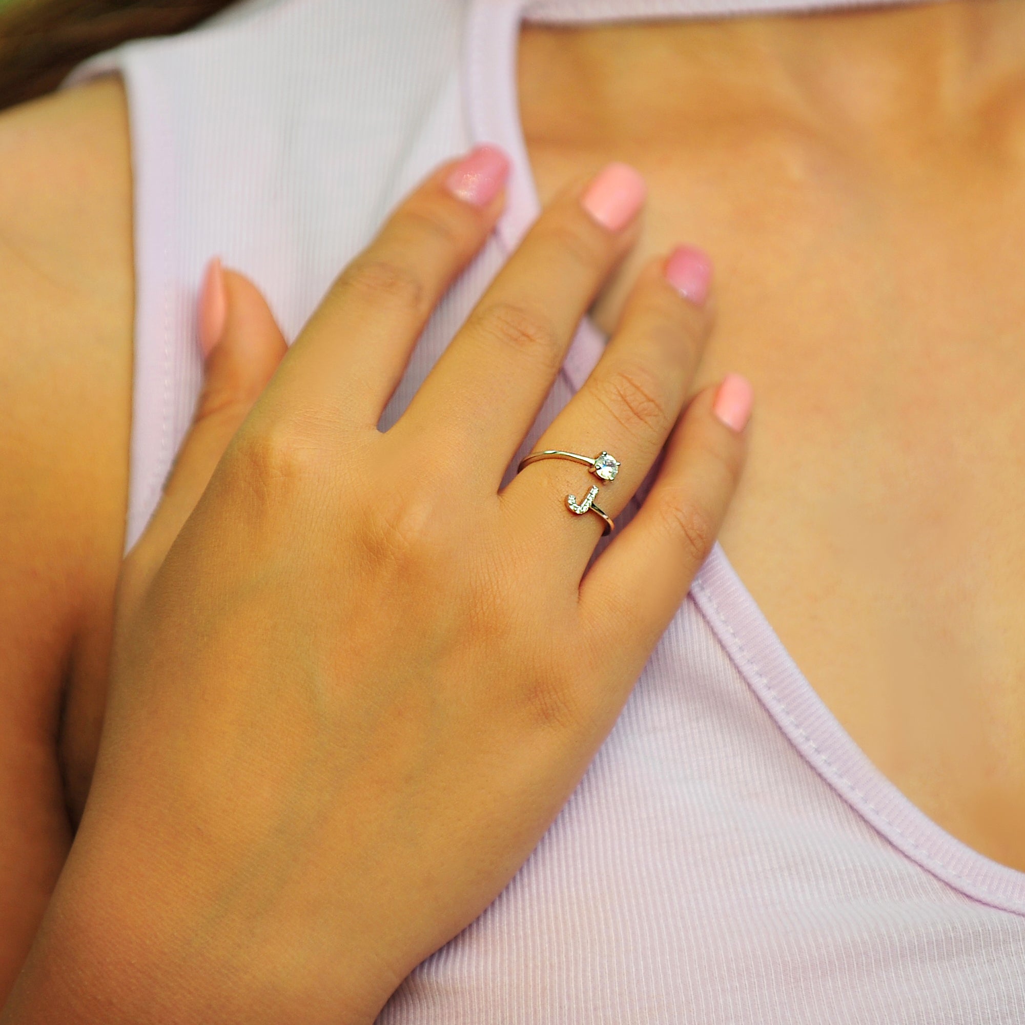 Pave CZ Letter "J" Sterling Silver Adjustable Initial Ring