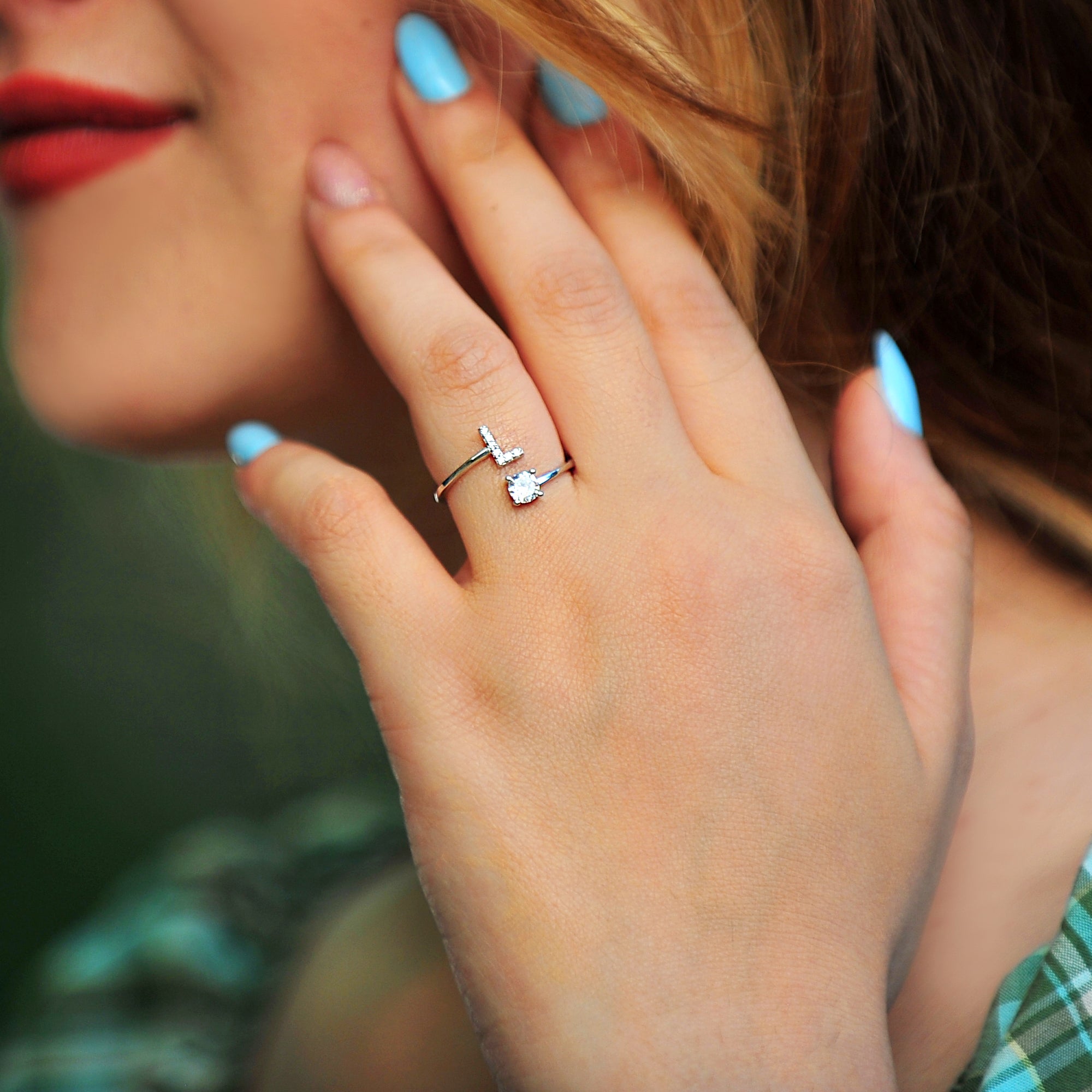 Pave CZ Letter "L" Sterling Silver Adjustable Initial Ring