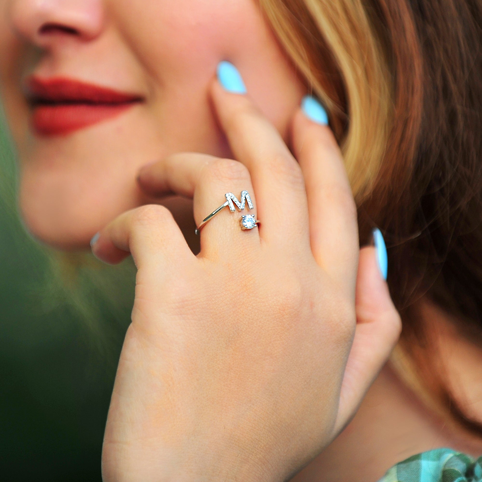 Pave CZ Letter "M" Sterling Silver Adjustable Initial Ring