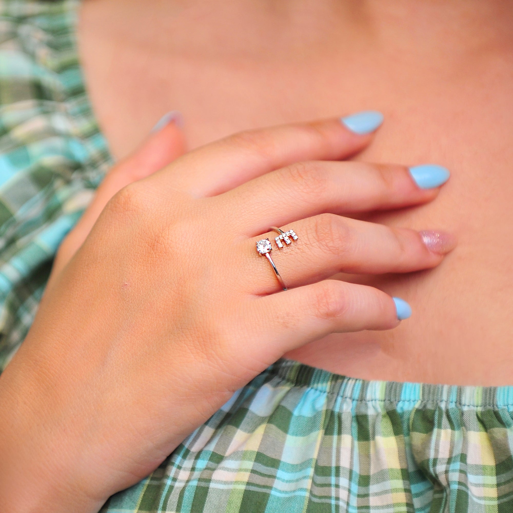 Pave CZ Letter "E" Sterling Silver Adjustable Initial Ring