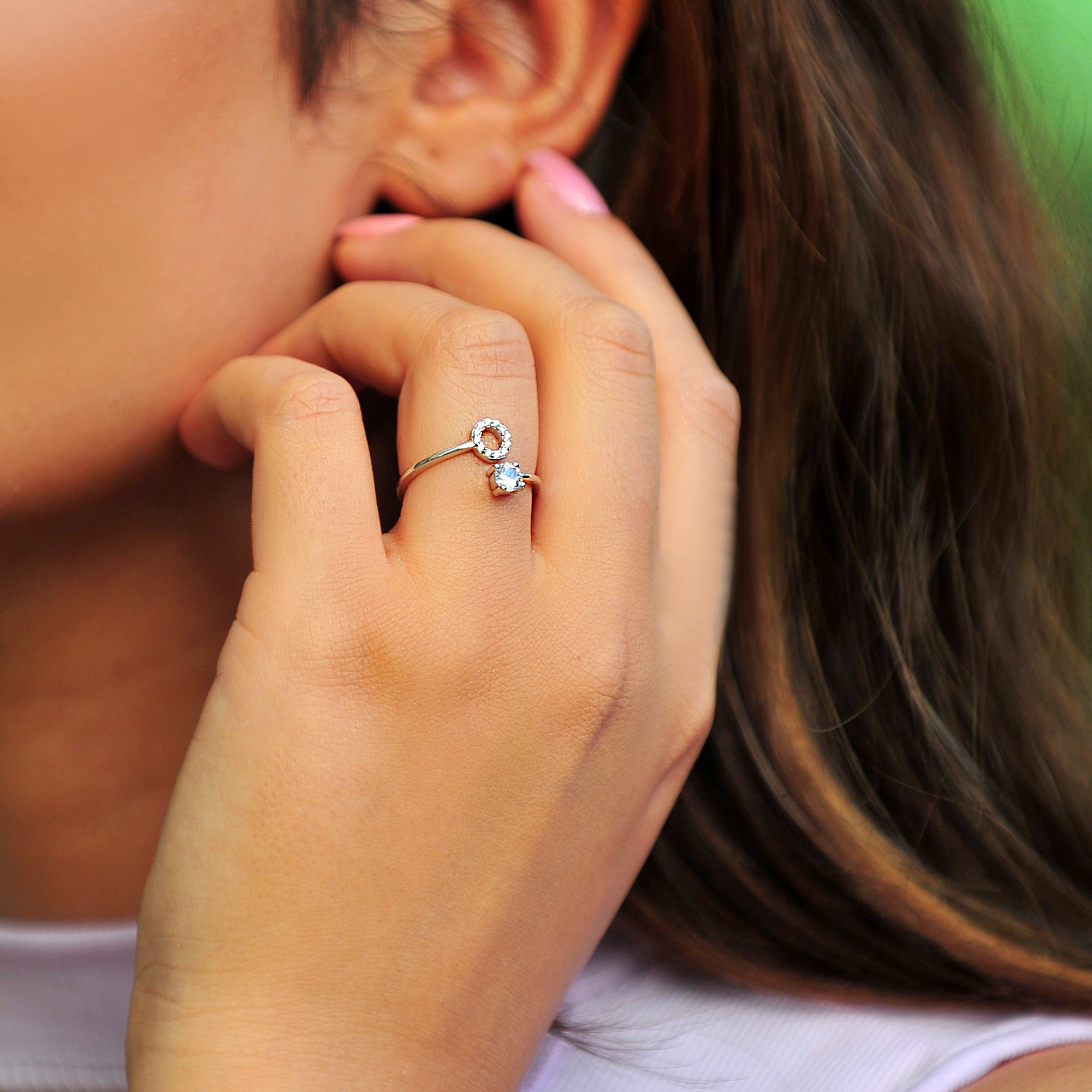 Pave CZ Letter "O" Sterling Silver Adjustable Initial Ring