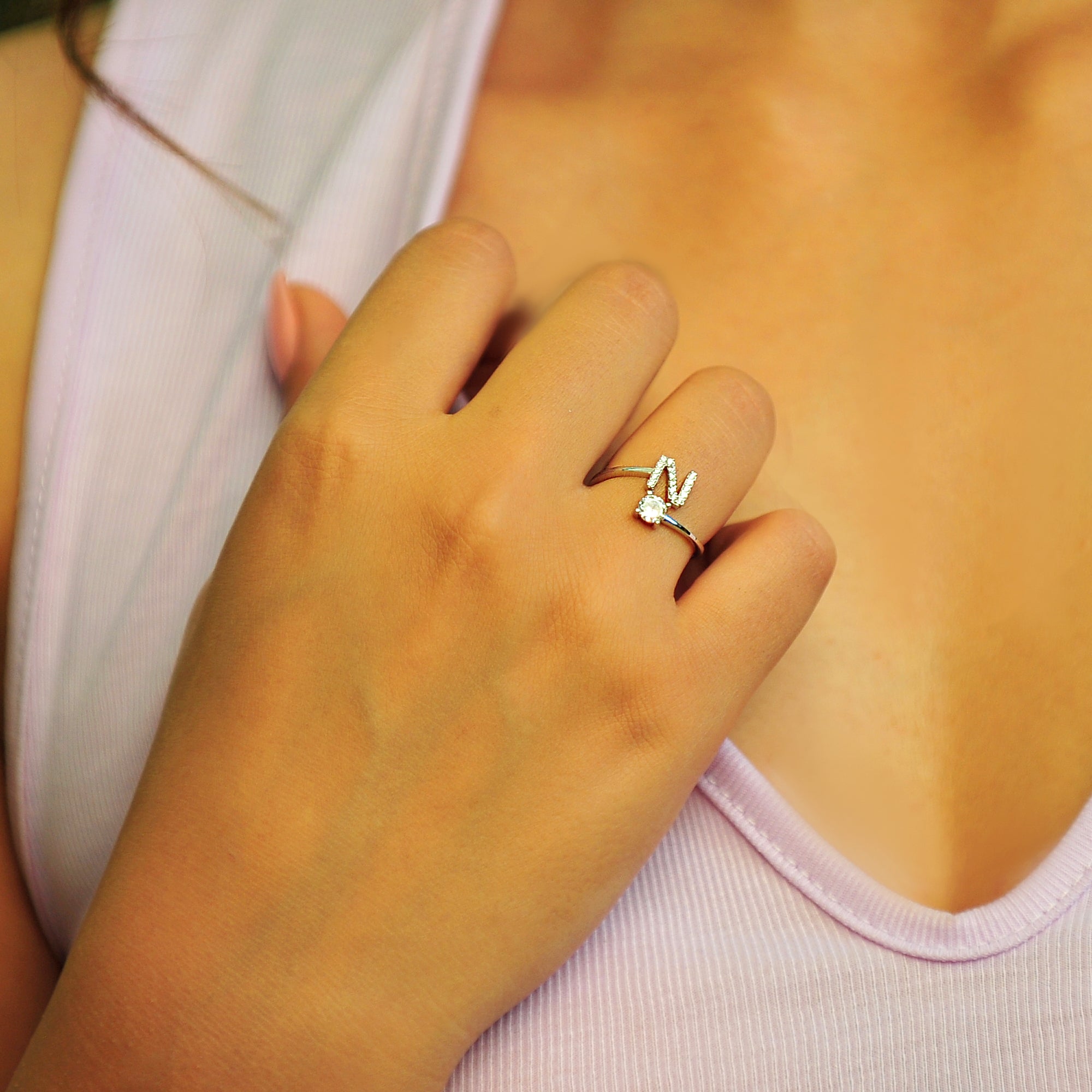 Pave CZ Letter "N" Sterling Silver Adjustable Initial Ring