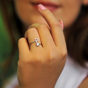 Pave CZ Letter "P" Sterling Silver Adjustable Initial Ring