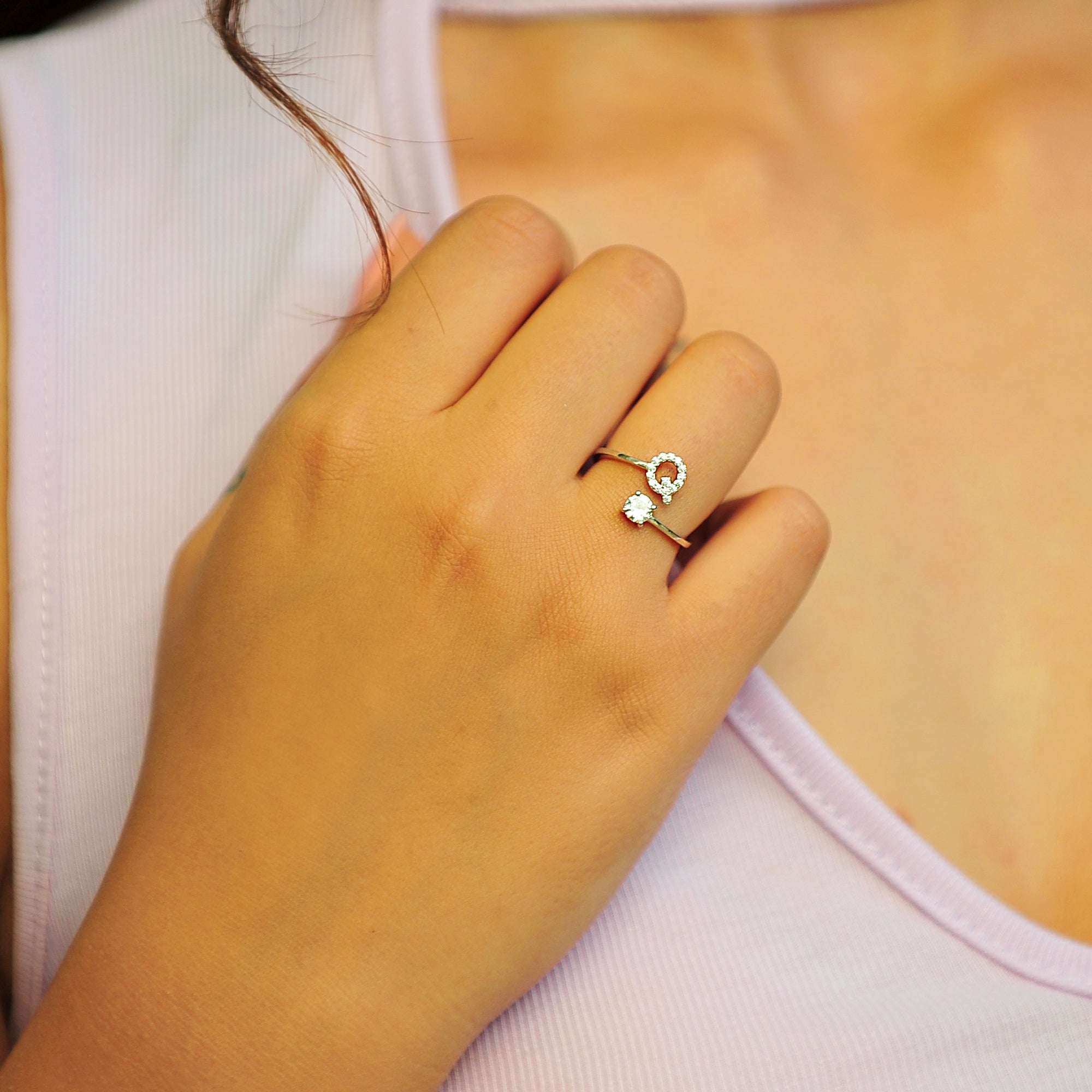 Pave CZ Letter "Q" Sterling Silver Adjustable Initial Ring