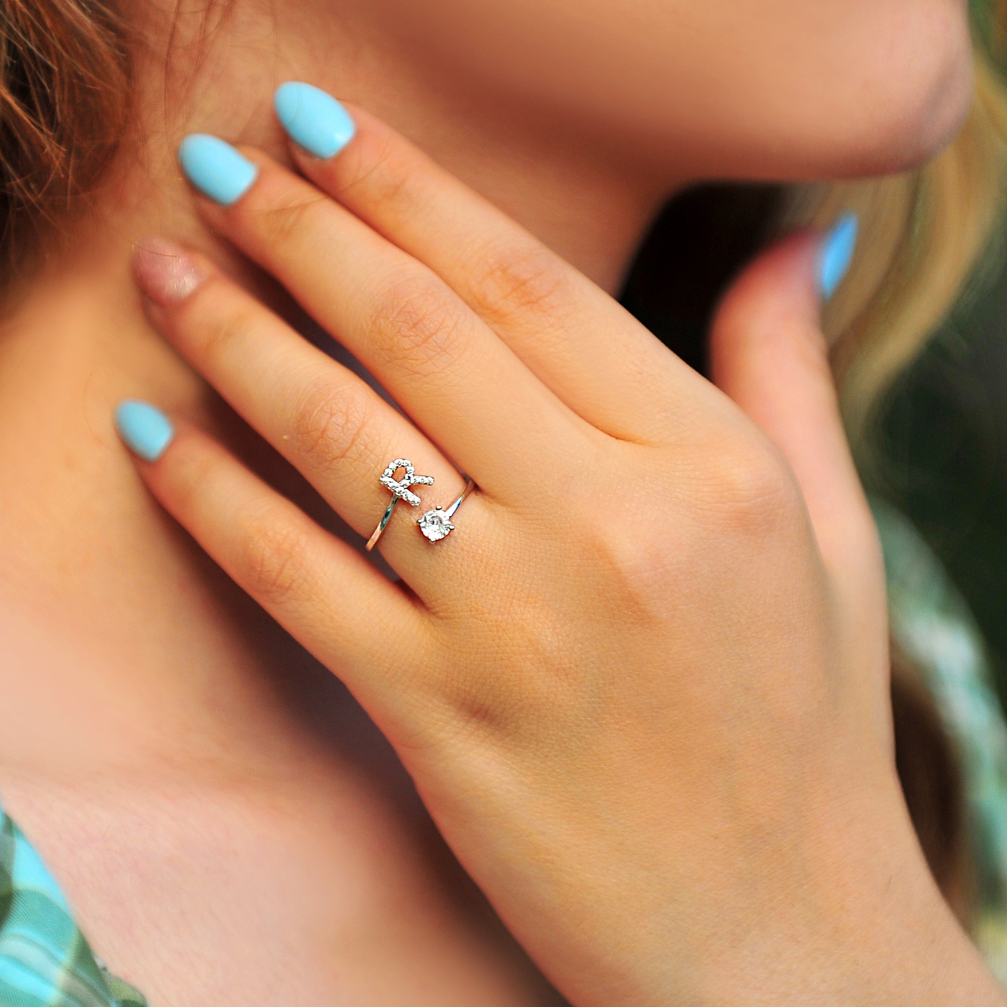 Pave CZ Letter "R" Sterling Silver Adjustable Initial Ring