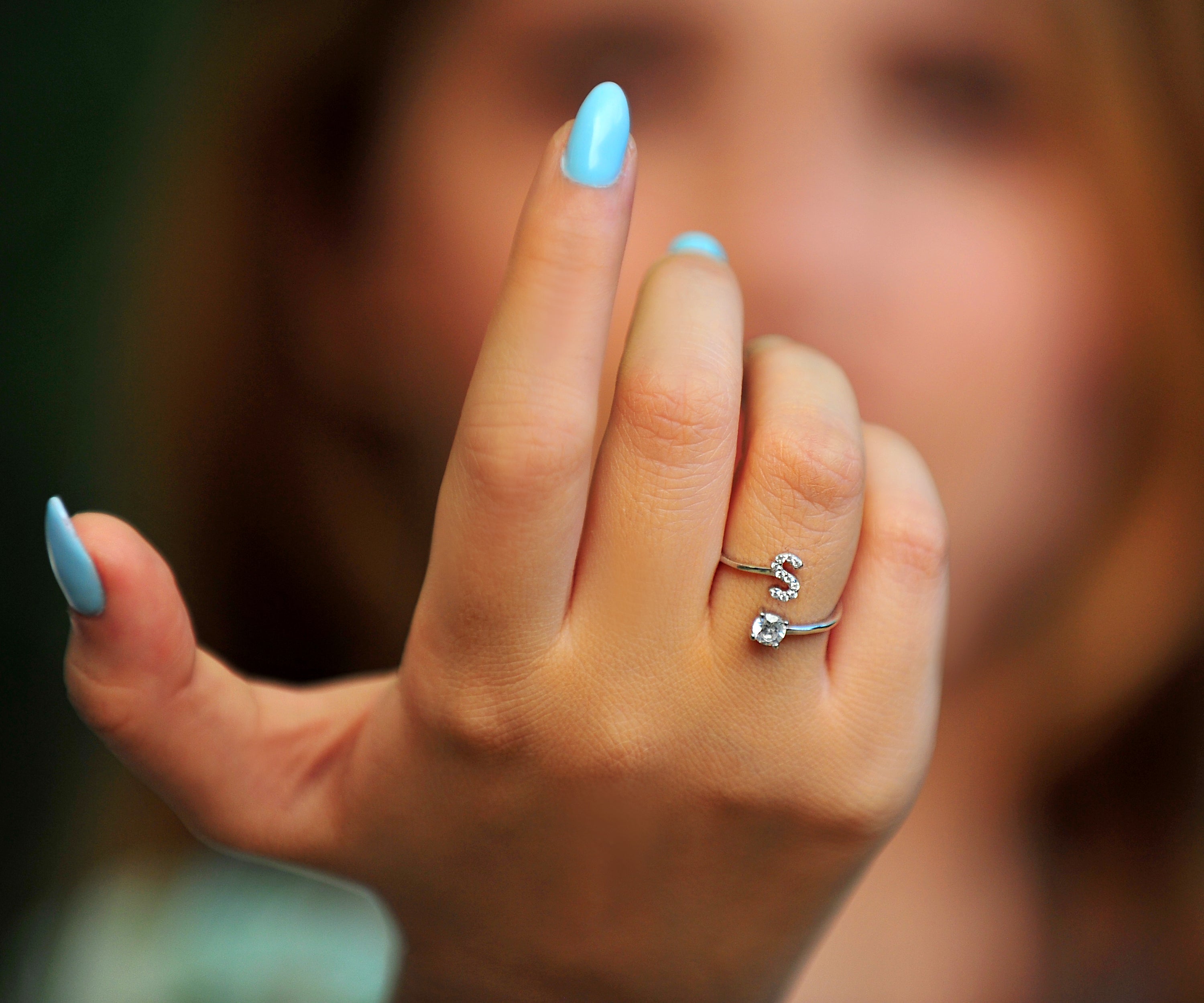 Pave CZ Letter "S" Sterling Silver Adjustable Initial Ring
