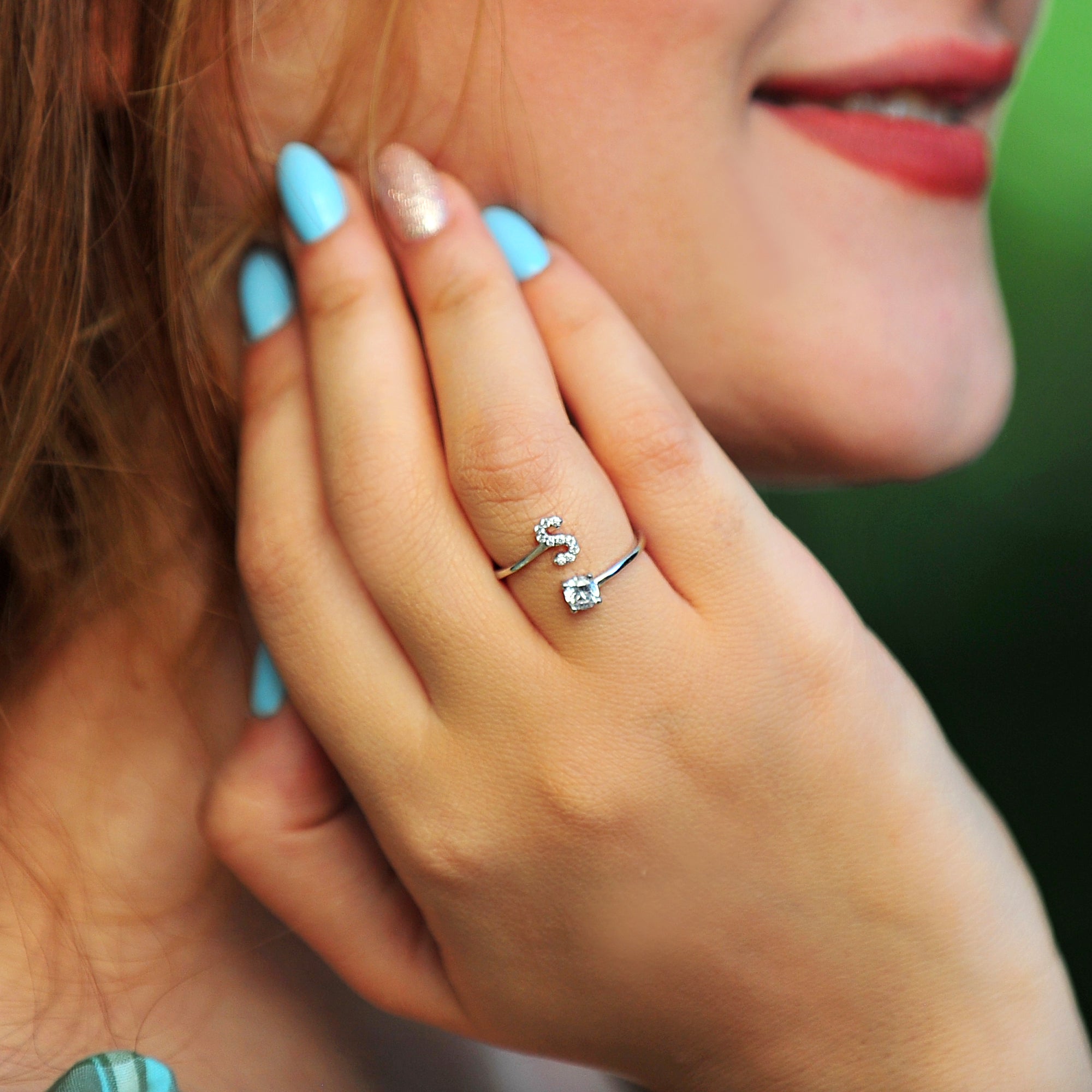Pave CZ Letter "S" Sterling Silver Adjustable Initial Ring